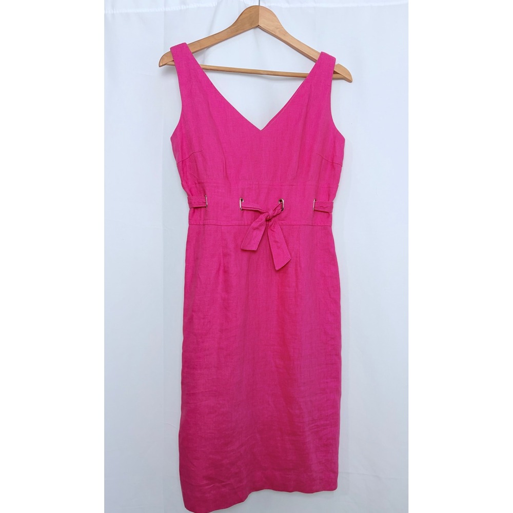 Donna Morgan Hot Pink 100%‎ Linen V-Neck Belted Midi Sheath Dress Womens Size 8